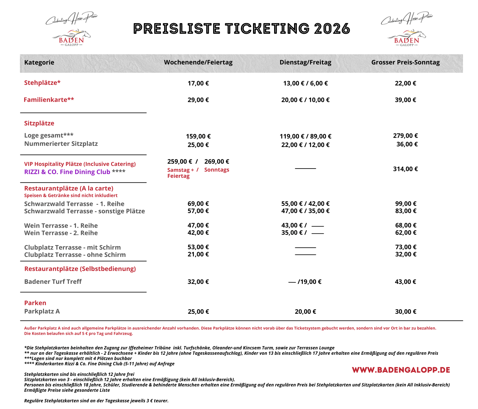 Ticket Preisliste 2026
